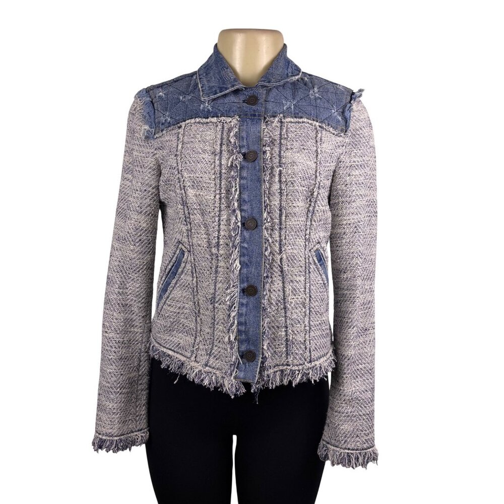 Rebecca Taylor Women’s Blue Jean Jacket Quilted Shoulder Fringe Detai lSize 4